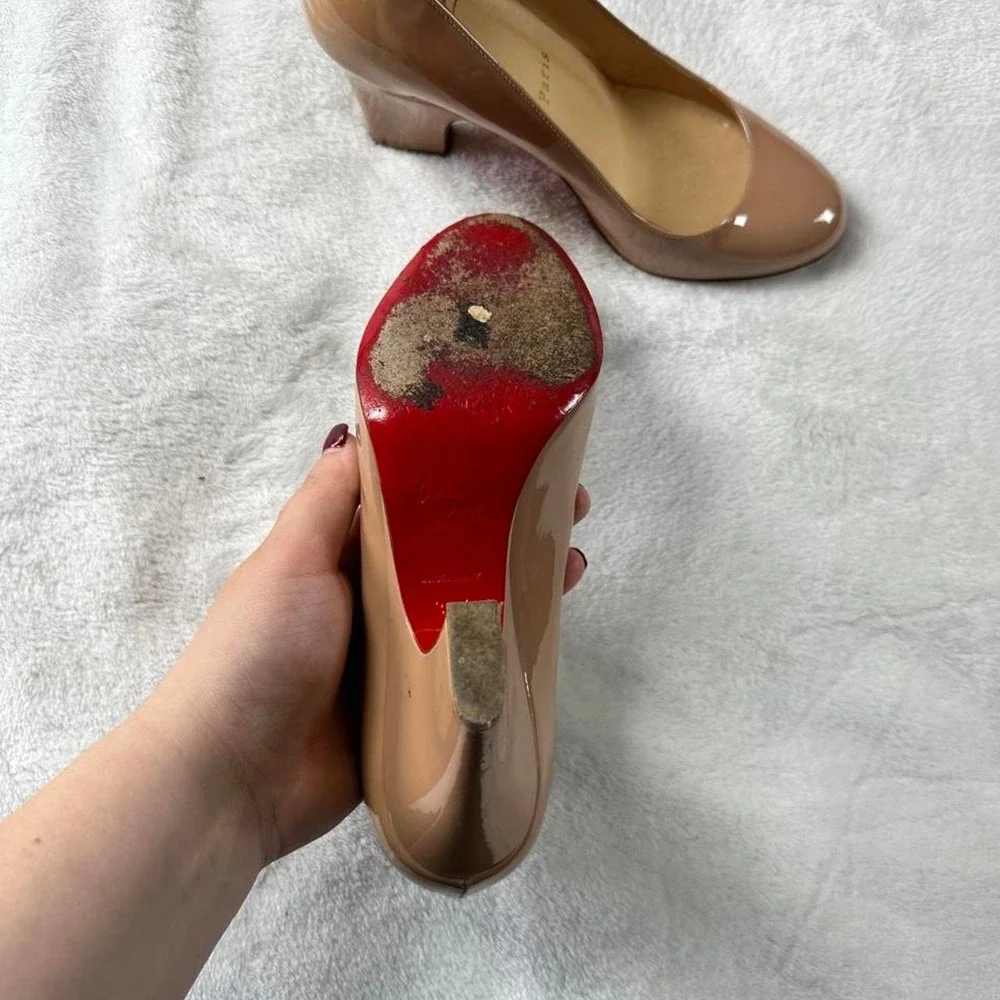 Christian Louboutin glossy nude patent leather block heel pumps y2k euro